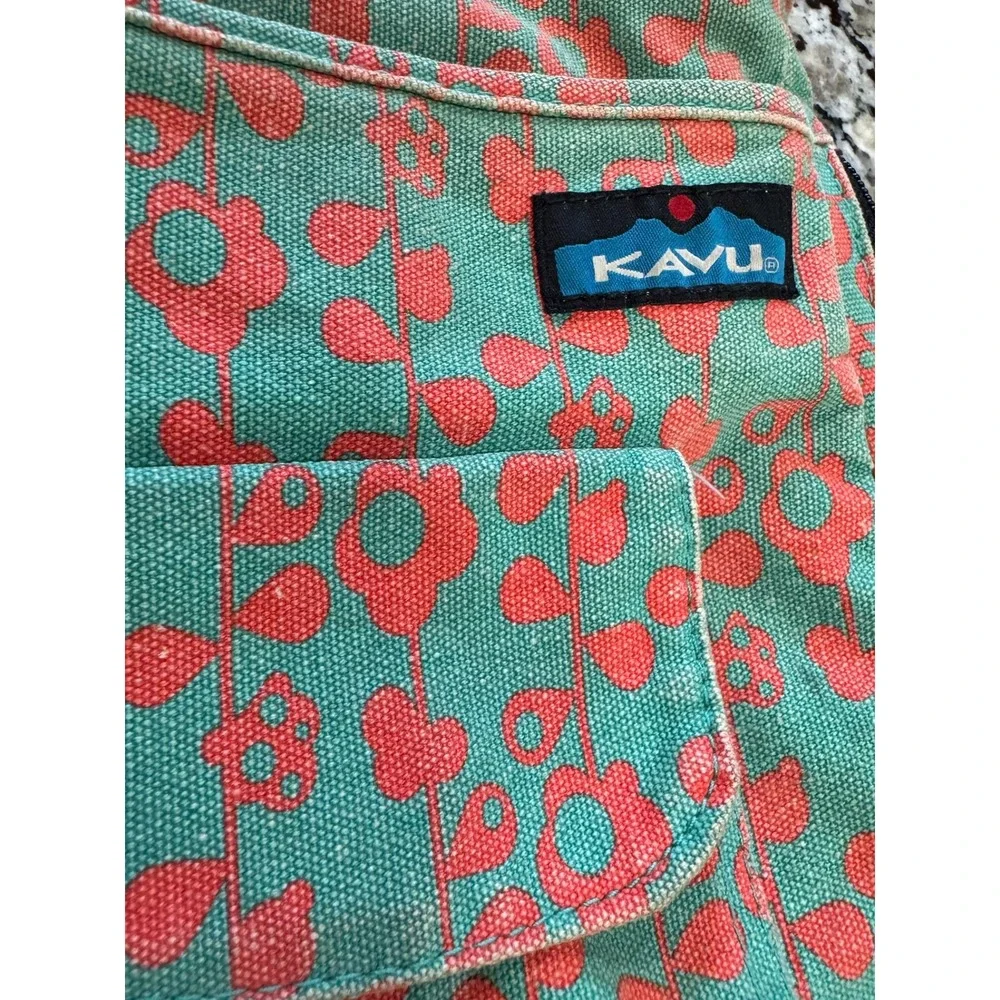 KAVU Keeper Teal Coral Floral Canvas Crossbody Bag Rope Strap Slim Travel Pouch
